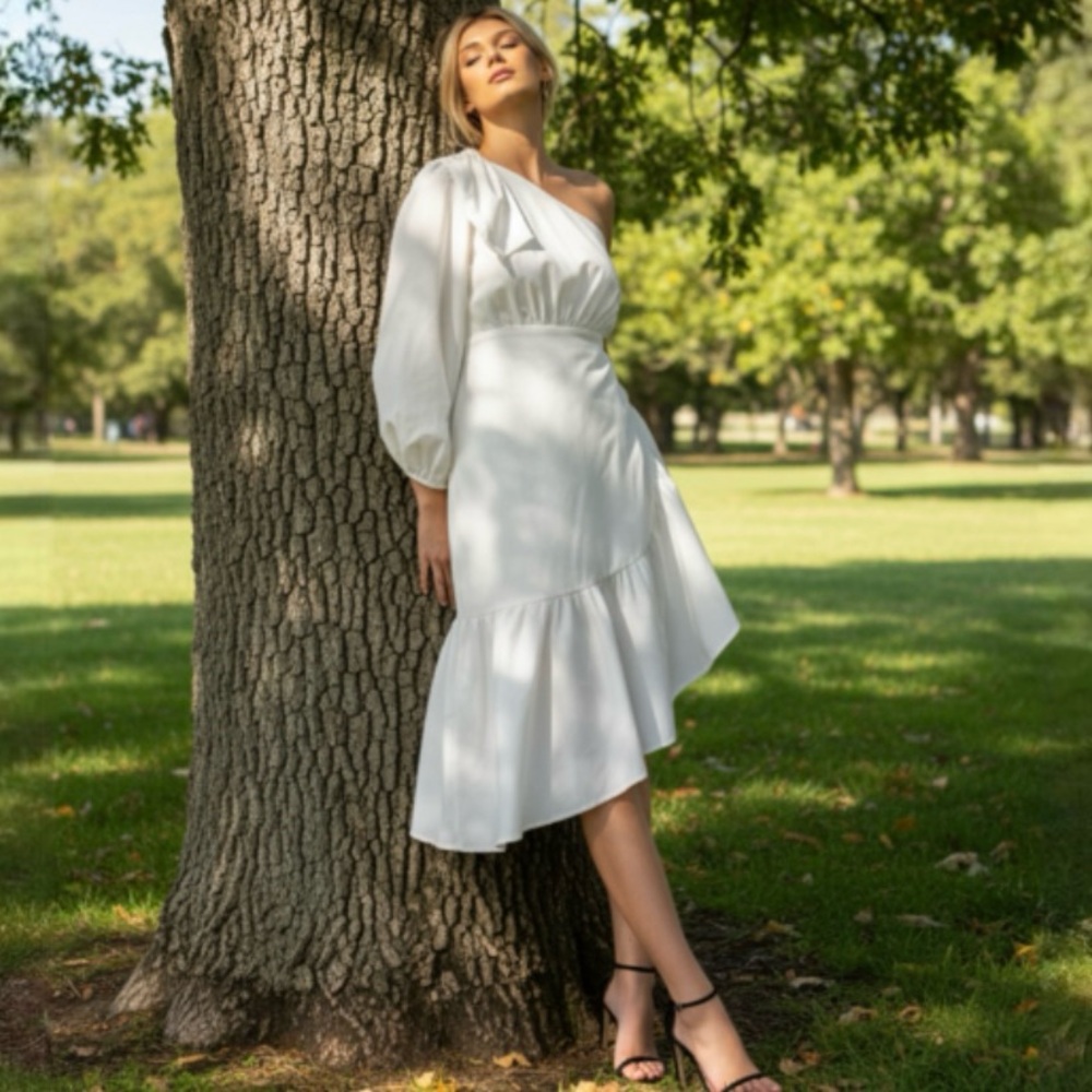 Cynthia Rowley Aleeza One Shoulder Bow Sleeve Ruffle Dress White Size 8